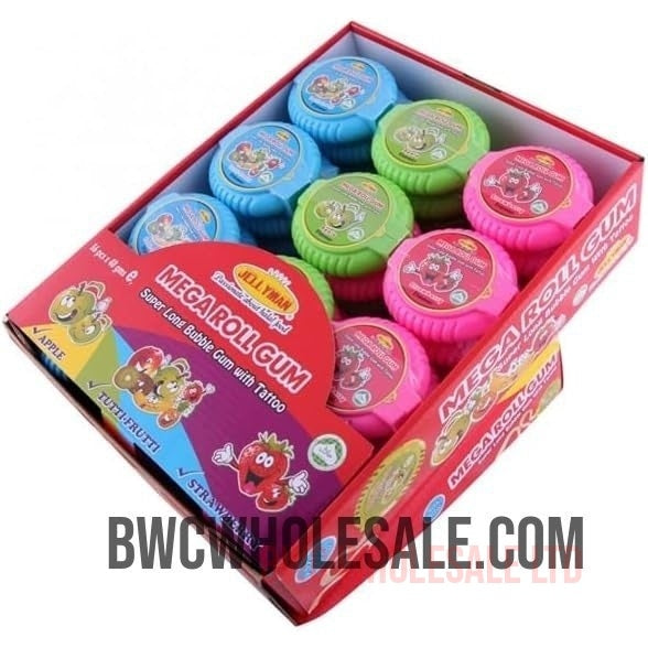 Jellyman Mega Roll Gum With Tattoo 3 Flavours Apple , Tutti Frutti & Strawberry x 36