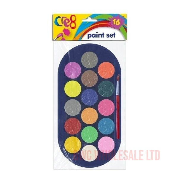 Cre8 Kids Arts Crafts Watercolour Paints Palette Set of 16 & Paint Brush