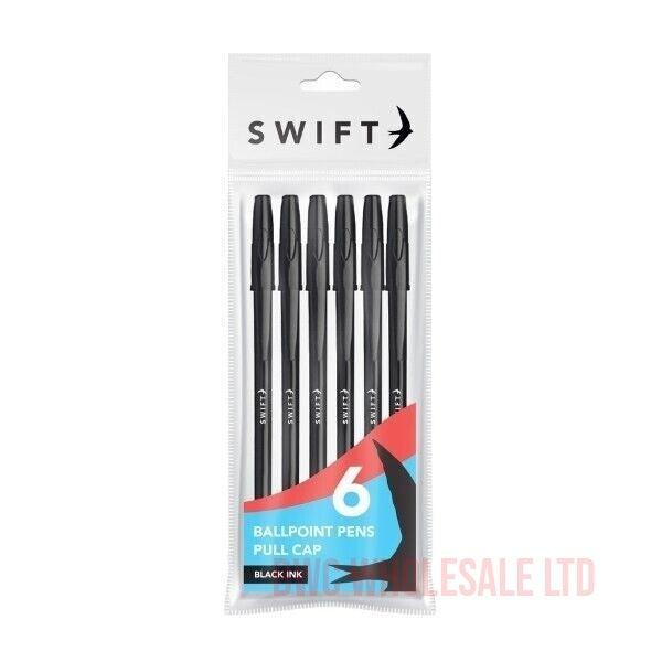 6 Pack Black Ink Pull Cap Ballpoint Pens Writing School Office Stationery